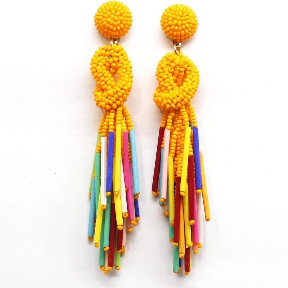 Handmade Neon Beaded Dangle Earrings for Women, 4 Inch Long, Orange Multi, Croch - Picture 2 of 3